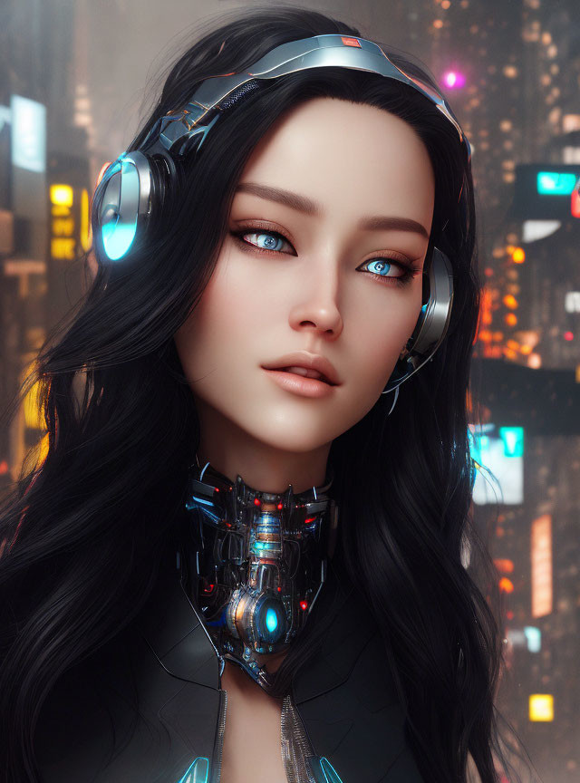 Futuristic female humanoid robot with long black hair and blue eyes in digital art