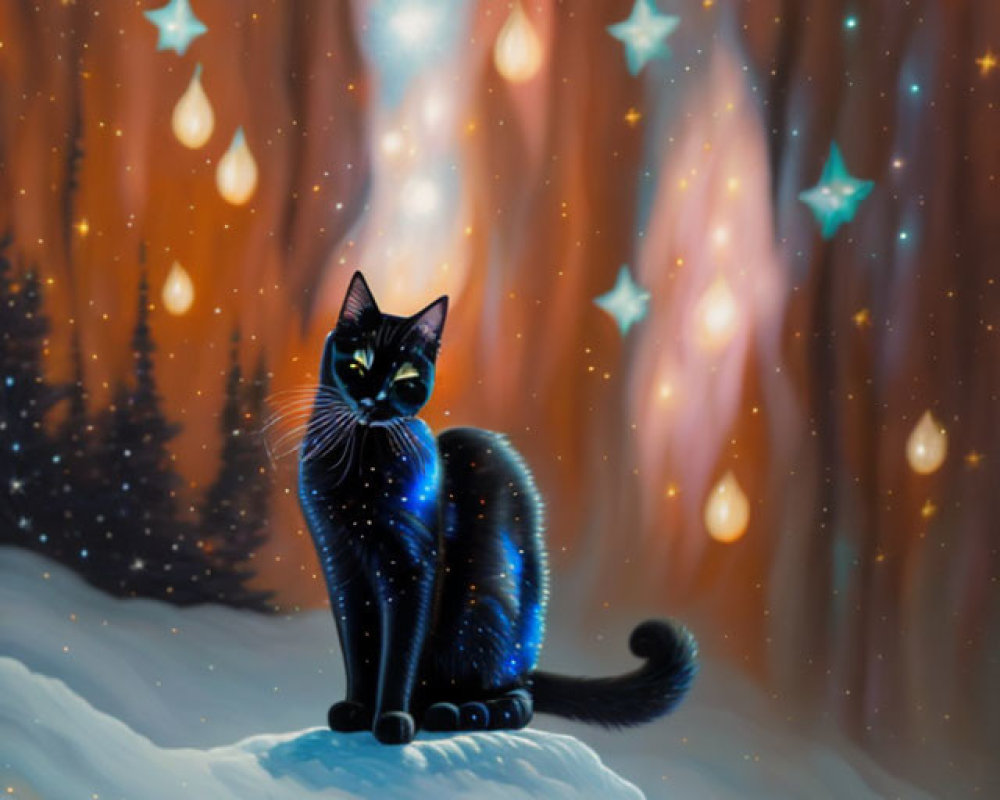 Cosmic-patterned black cat on snowy hill with star-lit forest backdrop