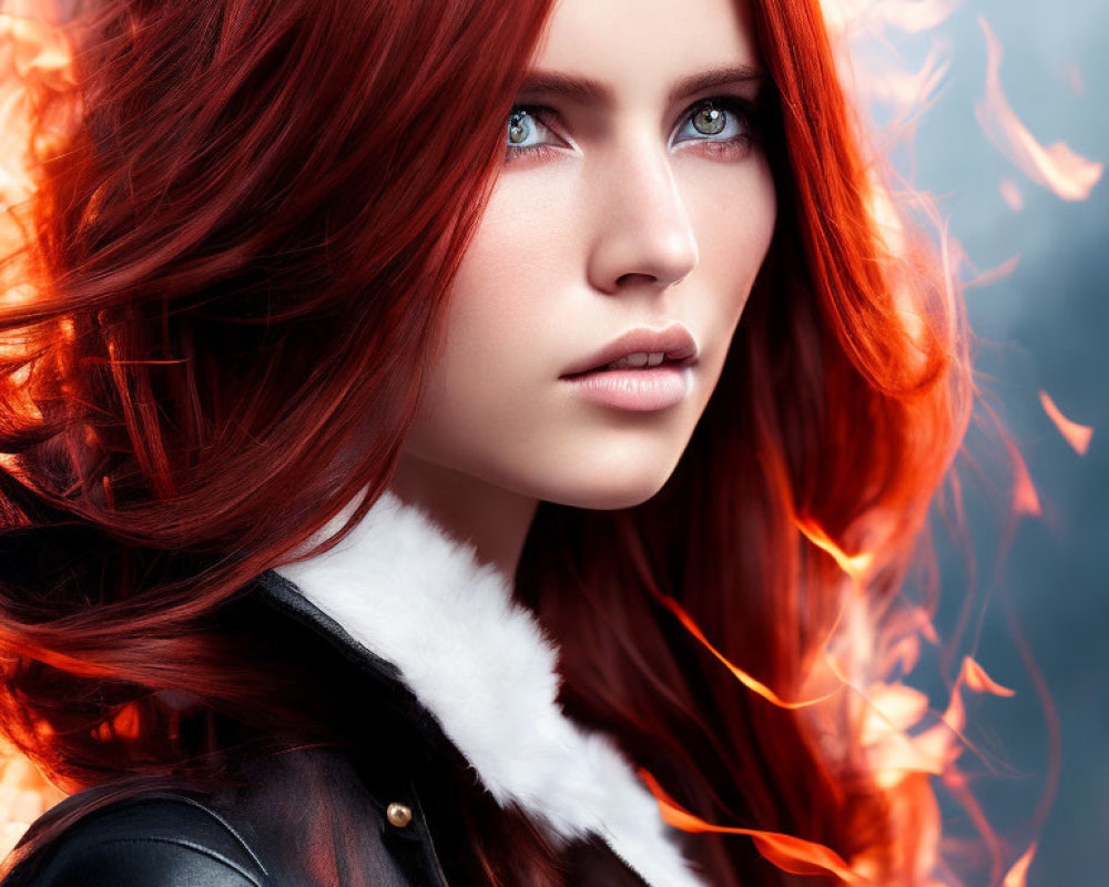 Fiery red-haired woman engulfed in intense flames