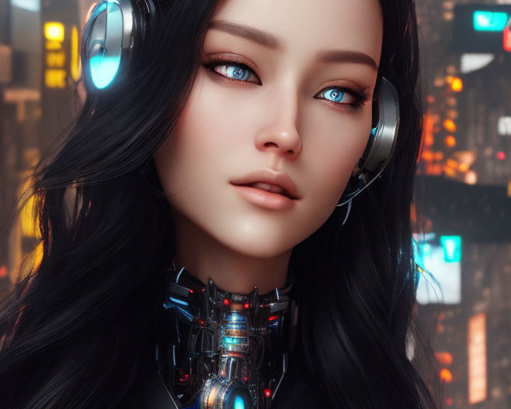 Futuristic female humanoid robot with long black hair and blue eyes in digital art