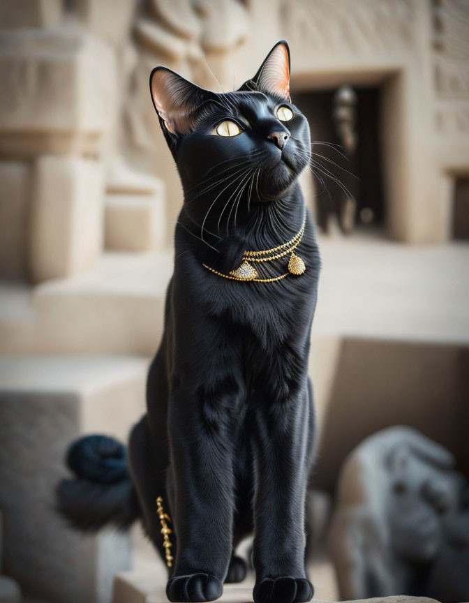 Black cat with gold necklace in front of Egyptian sculptures