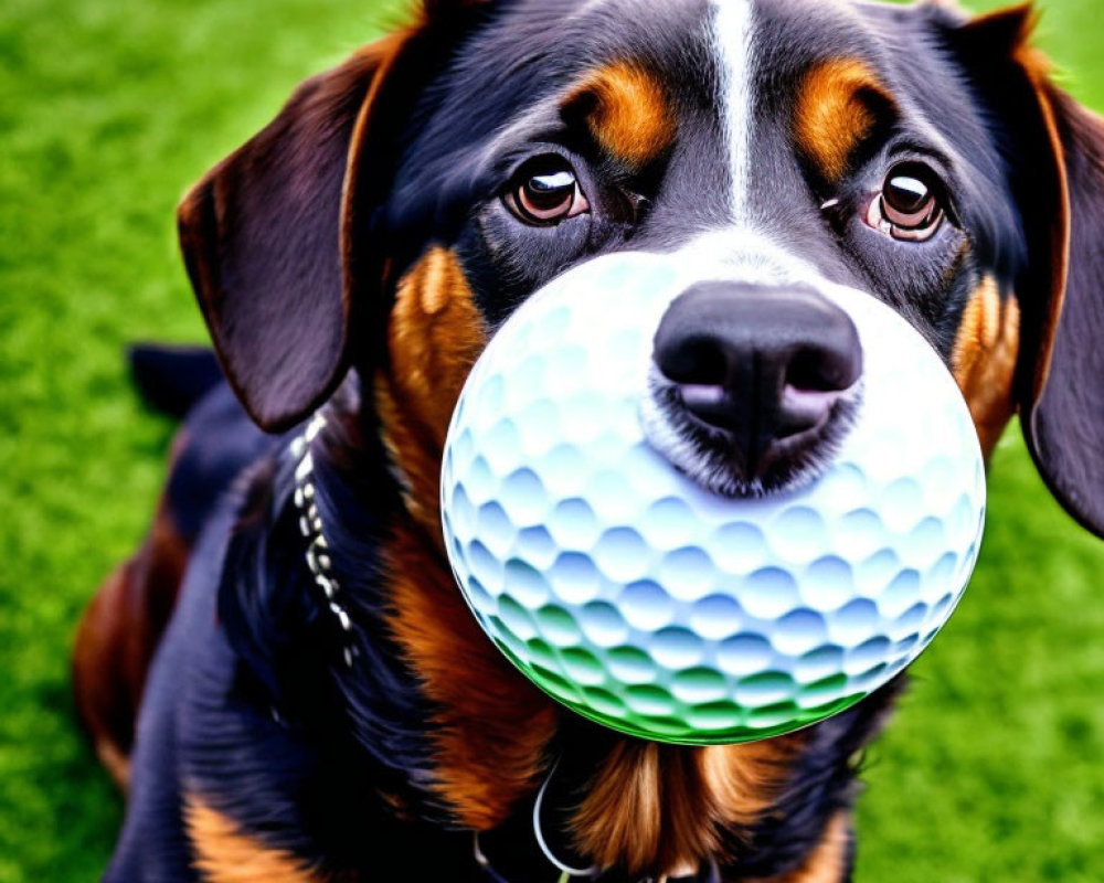 Black and Tan Dog Holding Golf Ball on Green Grass