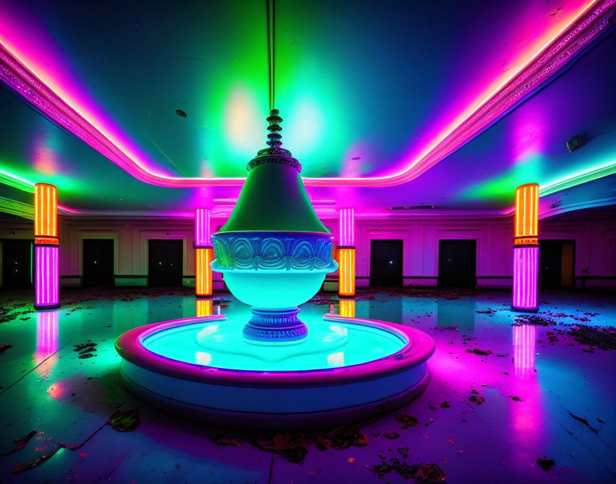 Vibrant pink and green neon-lit abandoned room with central decorative vase