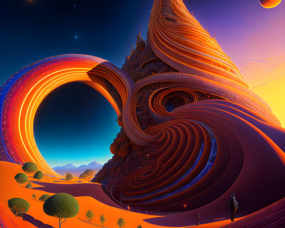 Surreal cosmic landscape with swirling orange and blue structures and planets in the sky
