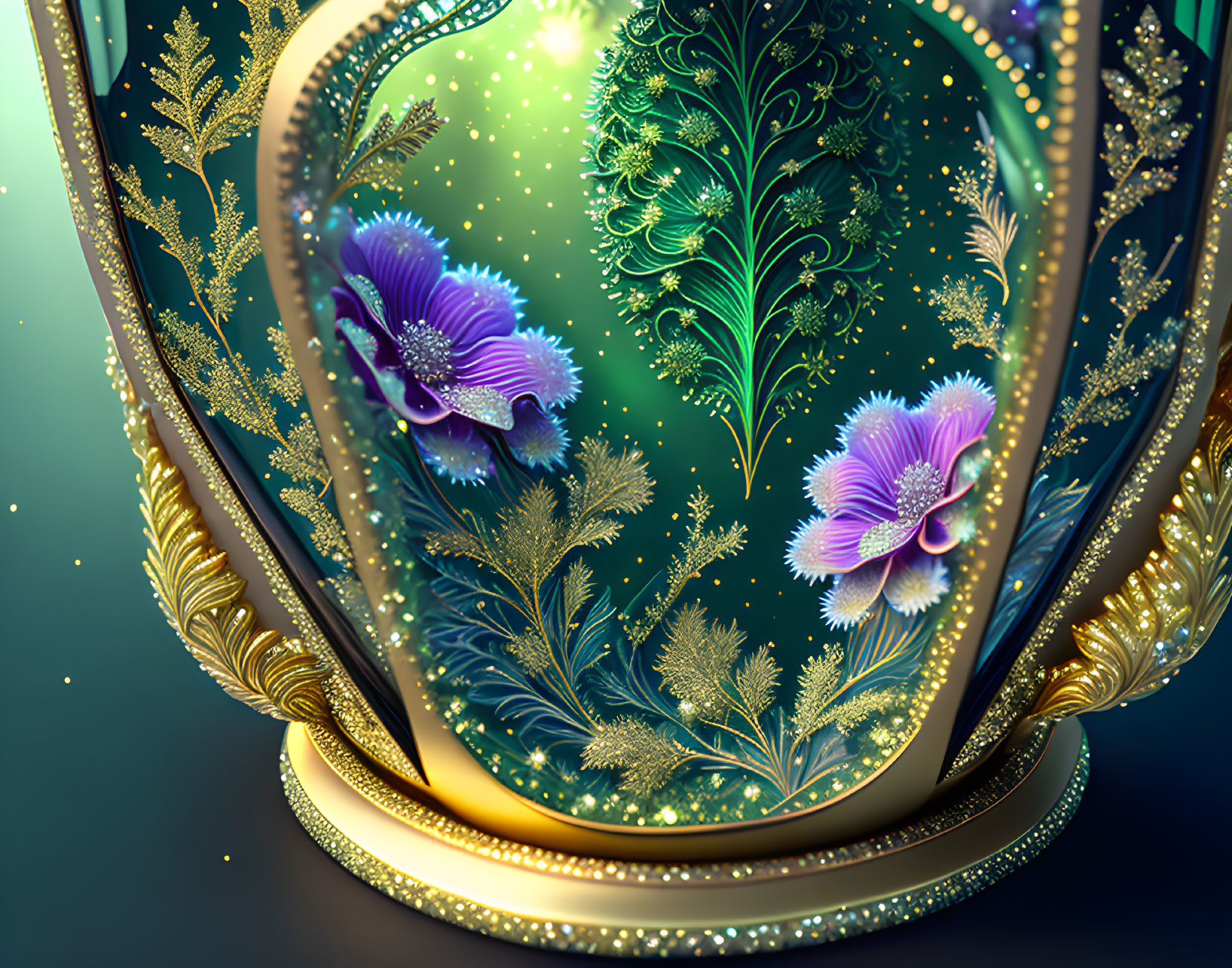 Intricate Golden Floral Frame Surrounding Purple Flowers on Teal Background