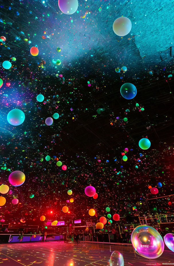 Colorful Balloons in Disco-themed Room with Glowing Lights