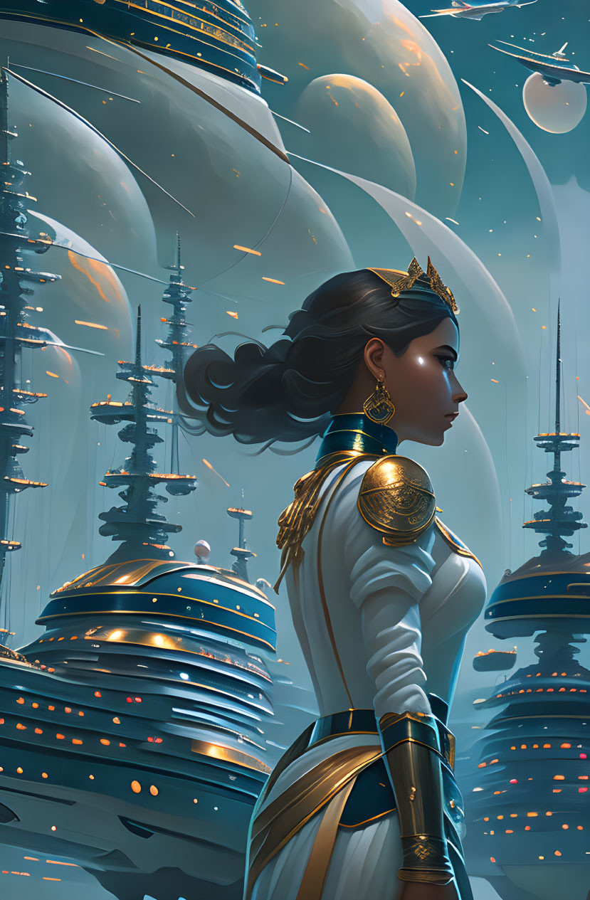 Futuristic armor-clad woman gazes at city with towering spires under planetary sky