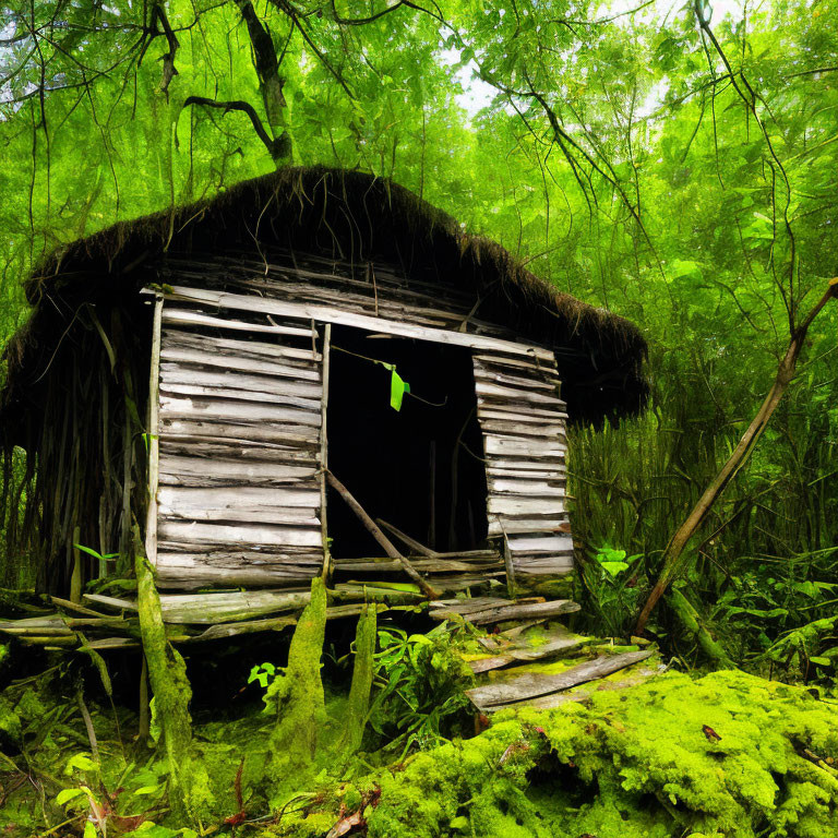 Rustic wooden hut with thatched roof in lush forest scenery