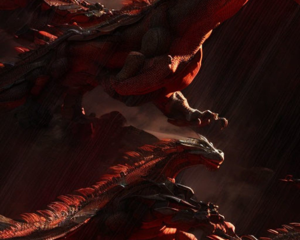 Dark and atmospheric image: Red dragons ascending through glowing embers under stormy sky