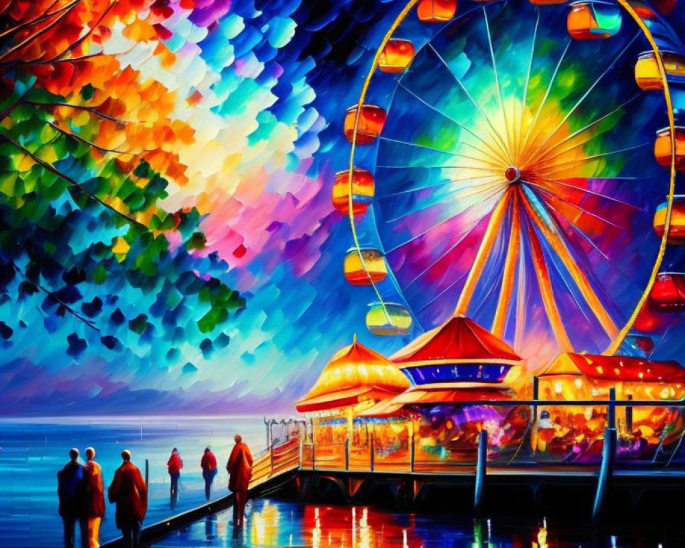 Colorful painting of people on pier with kaleidoscopic sky and Ferris wheel reflection.