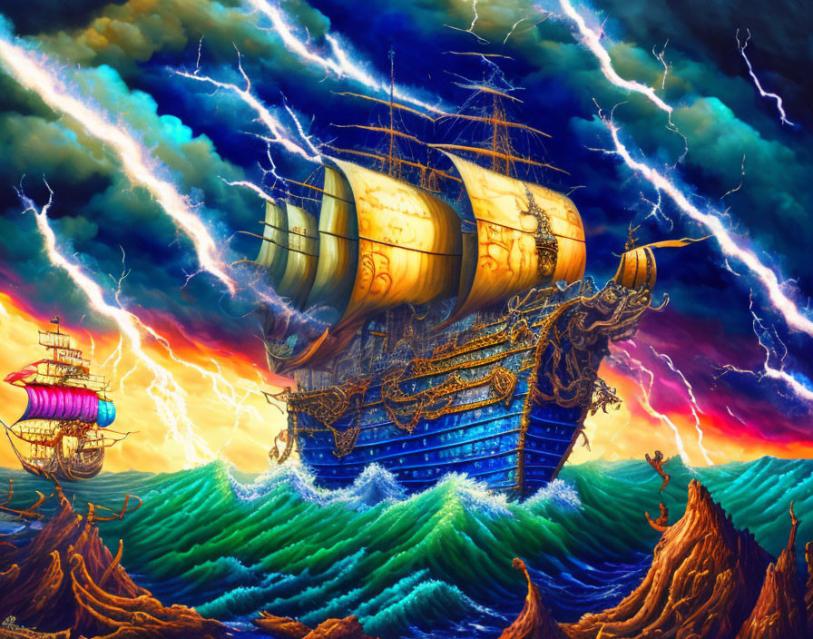 Ornate ships in stormy seas with lightning strikes
