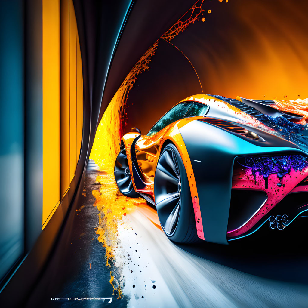 Abstract futuristic car art with vibrant neon colors in high-speed tunnel
