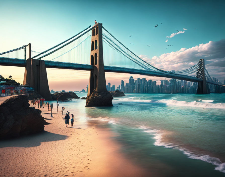 Large suspension bridge over water with beachgoers and city skyline at sunset