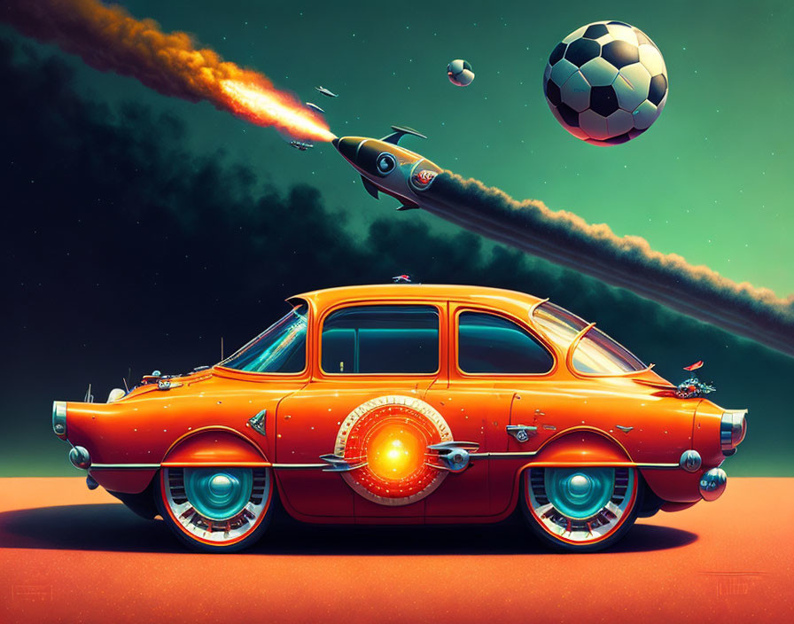 Orange Retro-Futuristic Car with Jet Engines and UFO-Inspired Wheel Covers