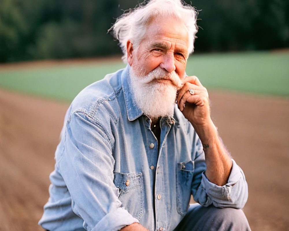 Elderly Man with White Beard in Denim Jacket Resting Chin Outdoors