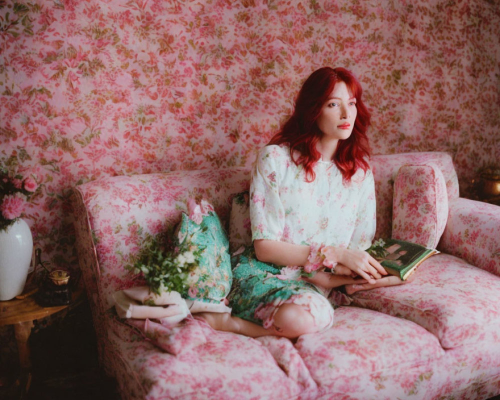 Red-haired woman on pink floral couch with book and flowers.