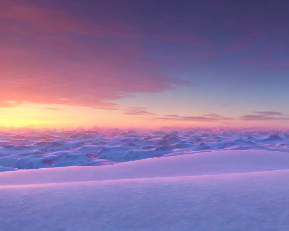 Snow-covered landscape at sunset with purple and orange skies