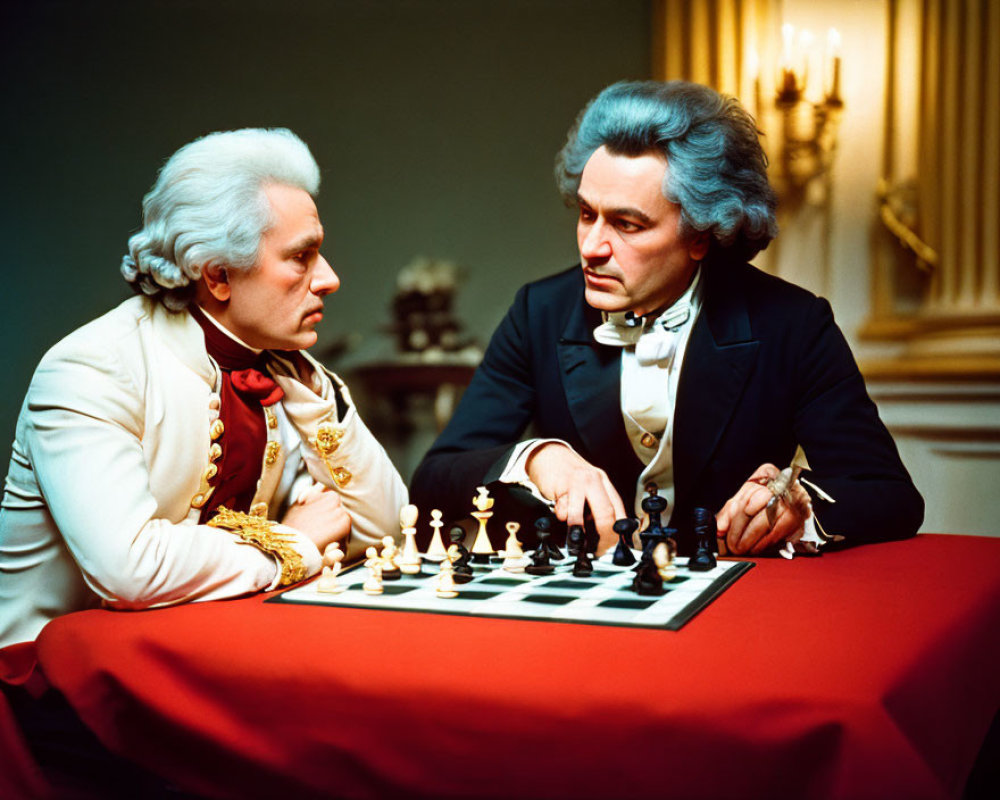 Historical individuals play chess in elegant room with warm light