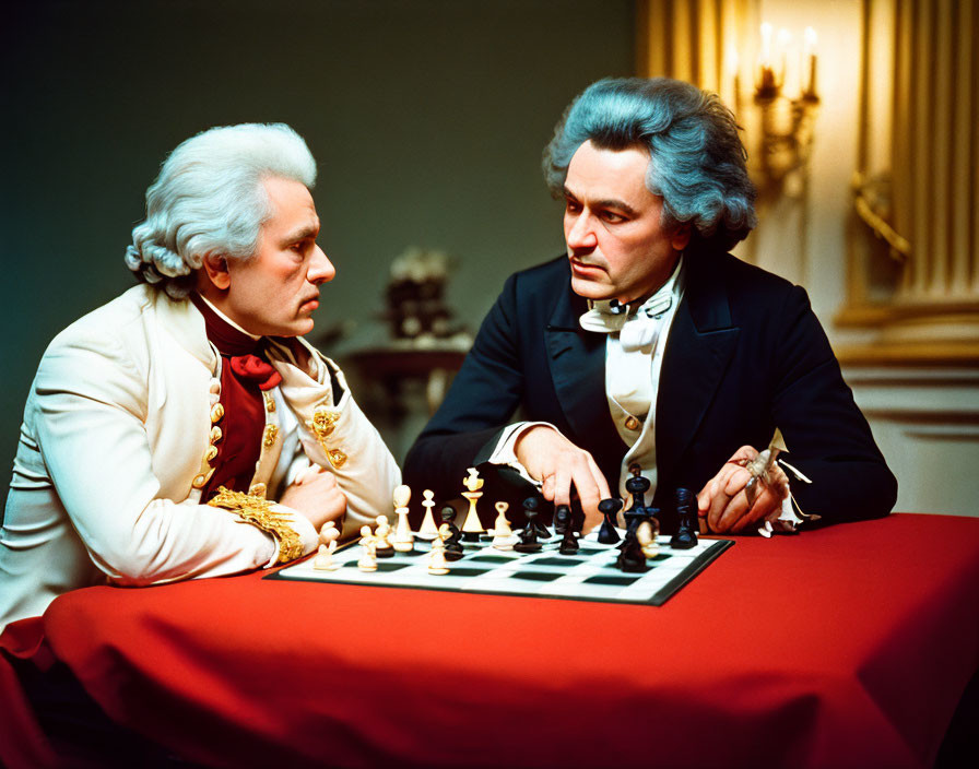 Historical individuals play chess in elegant room with warm light