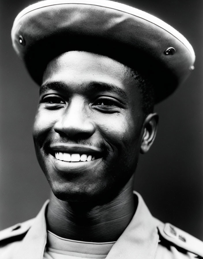 Monochrome portrait of smiling man in military attire