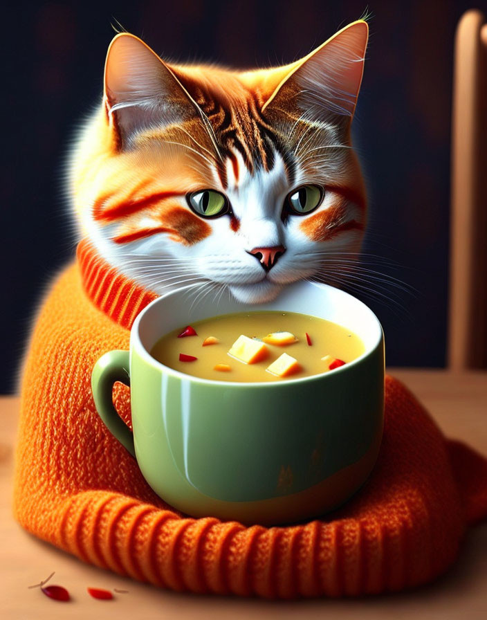 Orange and White Cat with Striking Eyes Over Hot Drink and Apples
