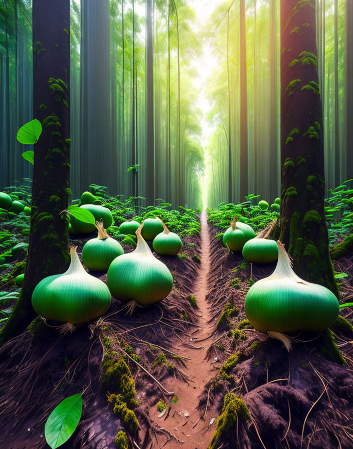 Enchanting forest path with onion-like plants and sunlight filtering through tall trees