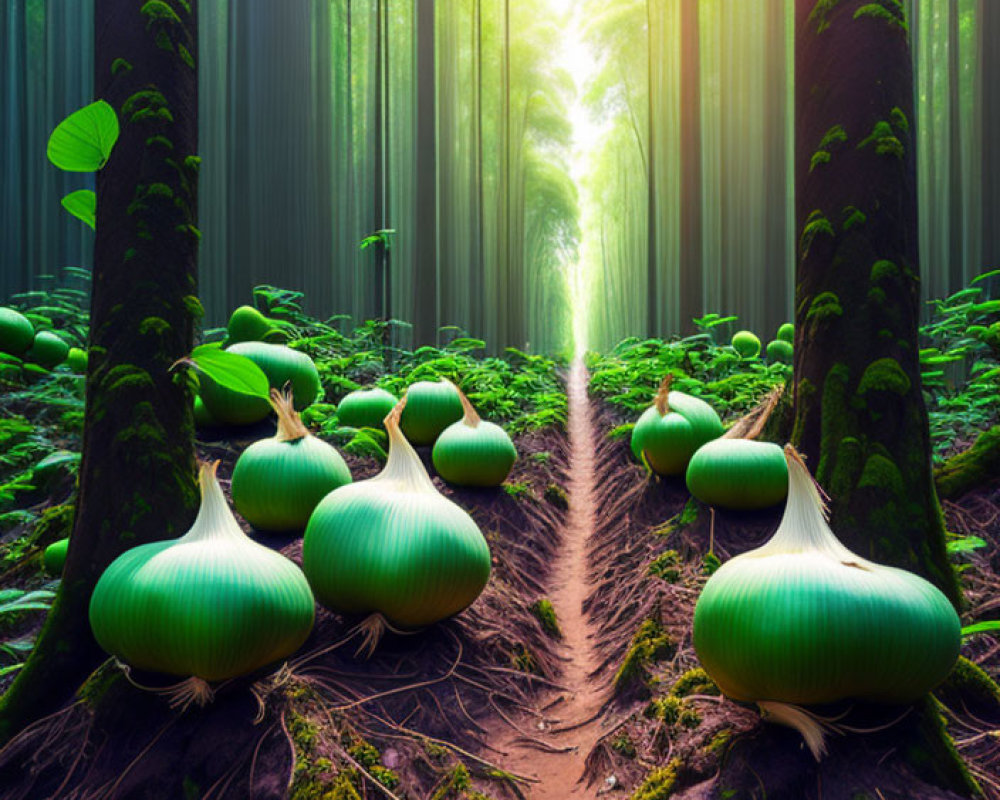 Enchanting forest path with onion-like plants and sunlight filtering through tall trees