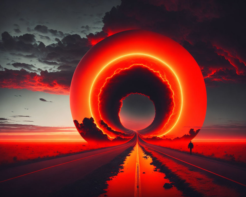 Surreal sunset scene with glowing red ring structure and silhouettes