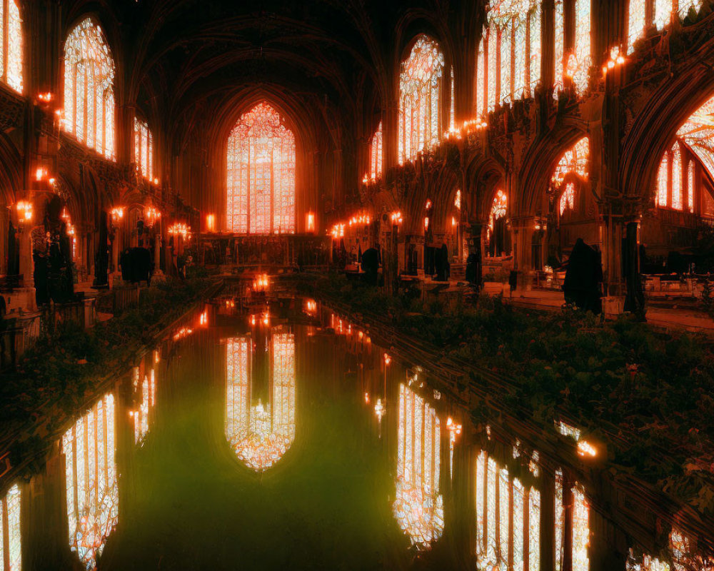 Gothic Cathedral Interior: Arches, Stained Glass, Reflective Floor