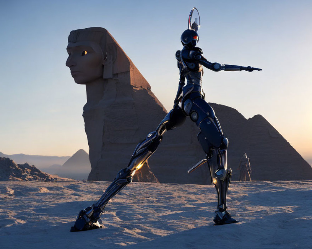 Futuristic humanoid robot posing in desert at twilight with Great Sphinx of Giza