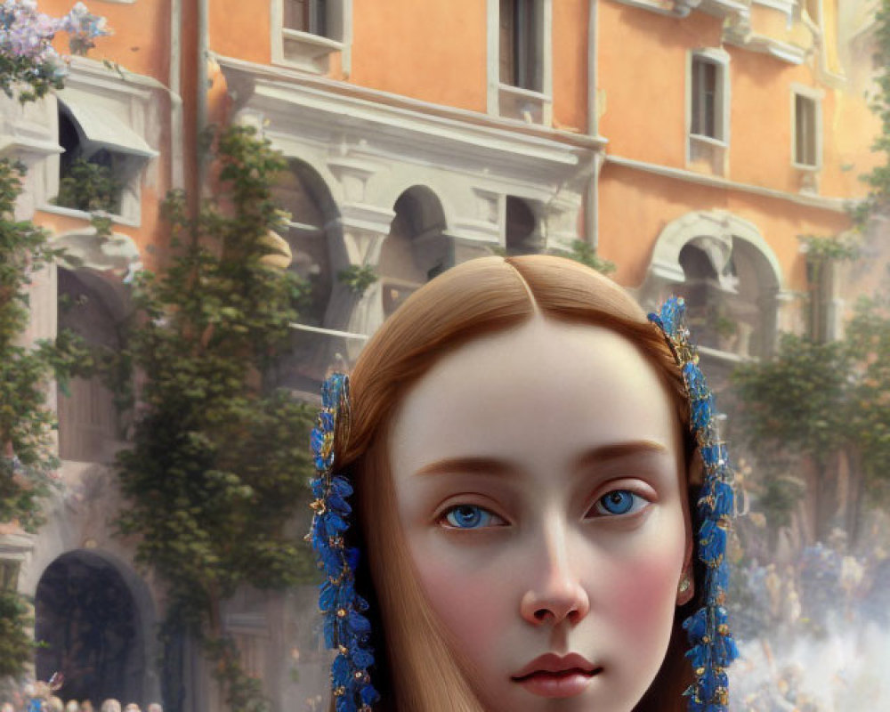 Portrait of woman with blue eyes and blond hair in renaissance street scene