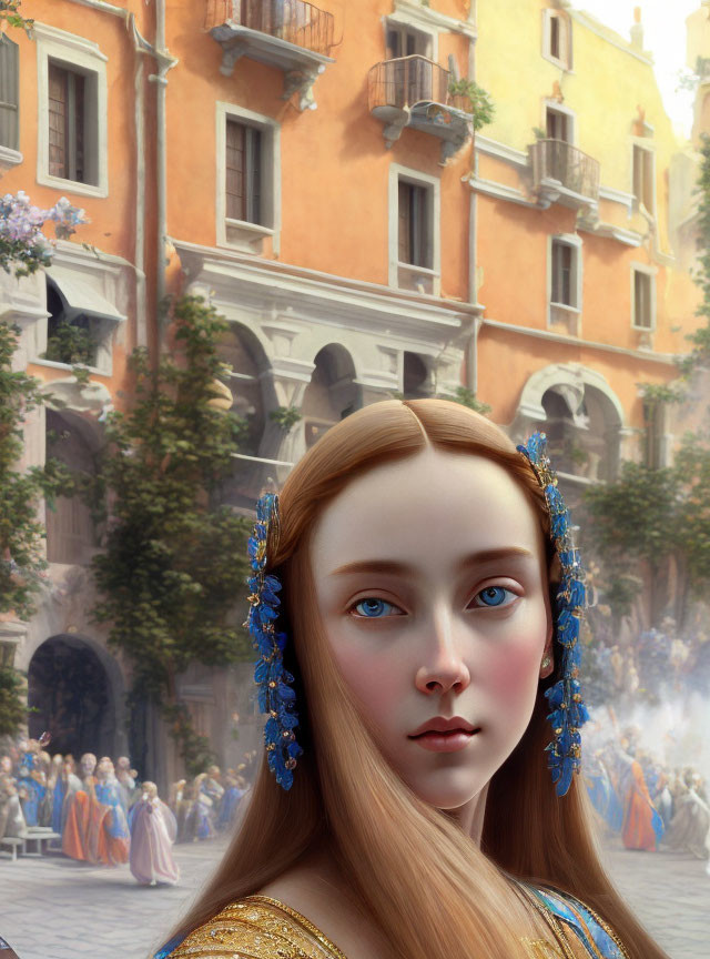 Portrait of woman with blue eyes and blond hair in renaissance street scene