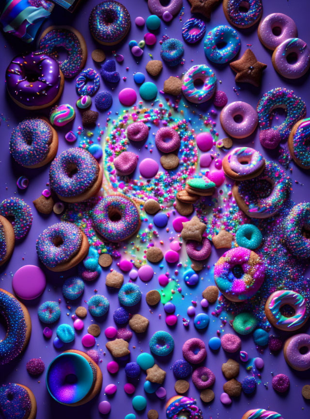 Assorted Purple, Pink, and Blue Donuts, Cookies, and Candies with Sprinkles