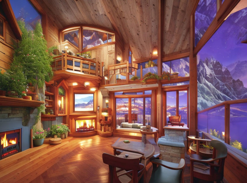 Multi-level wooden cabin interior with warm fireplace and mountain views