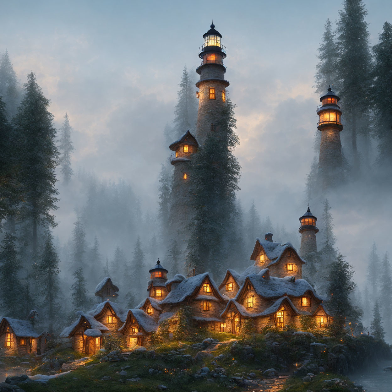 Tall lighthouse in misty forest with glowing cottages