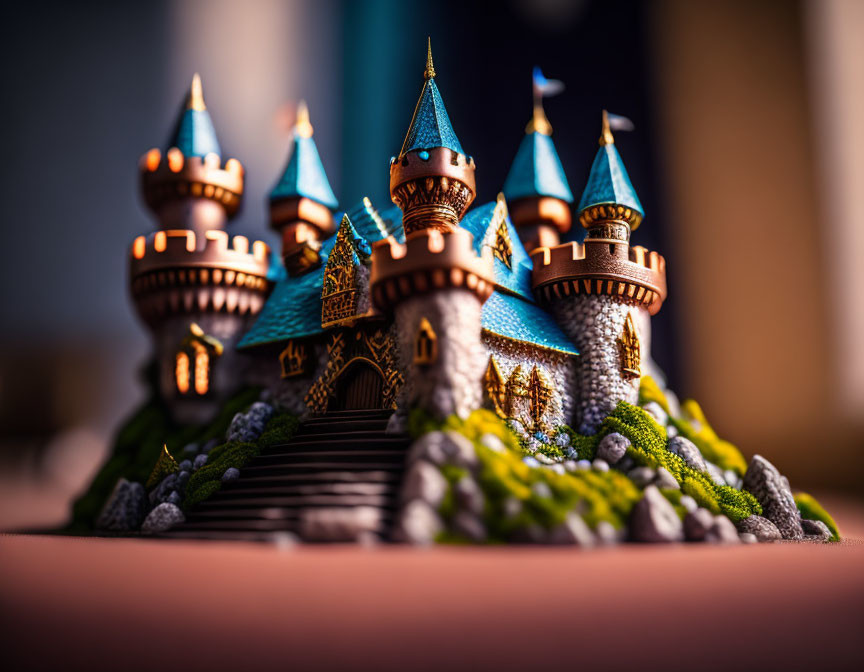 Miniature fairy tale castle with blue rooftops and golden accents in shallow depth of field