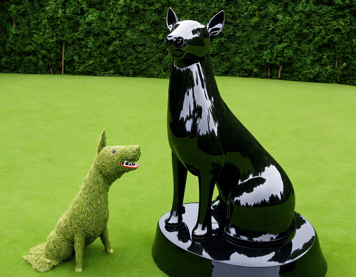 Green Topiary Dog Faces Black Abstract Sculpture on Grass Hedge