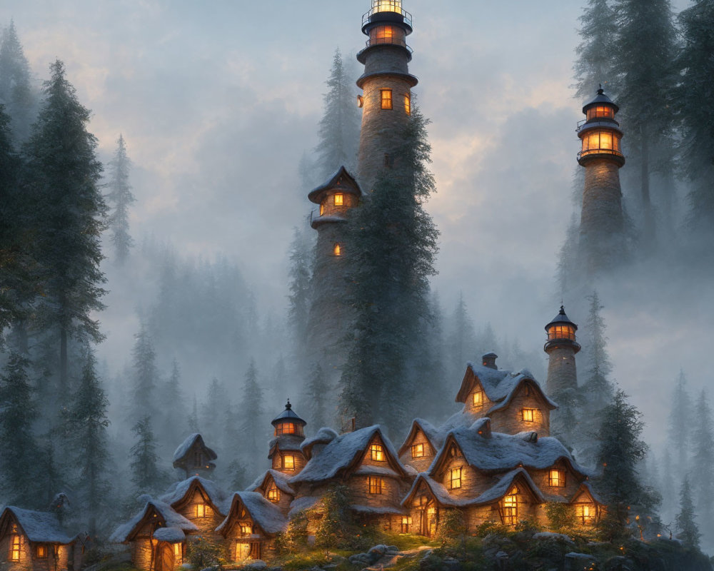 Tall lighthouse in misty forest with glowing cottages