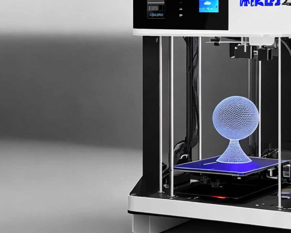 3D Printer Printing Spherical Lattice on Blue Heated Bed
