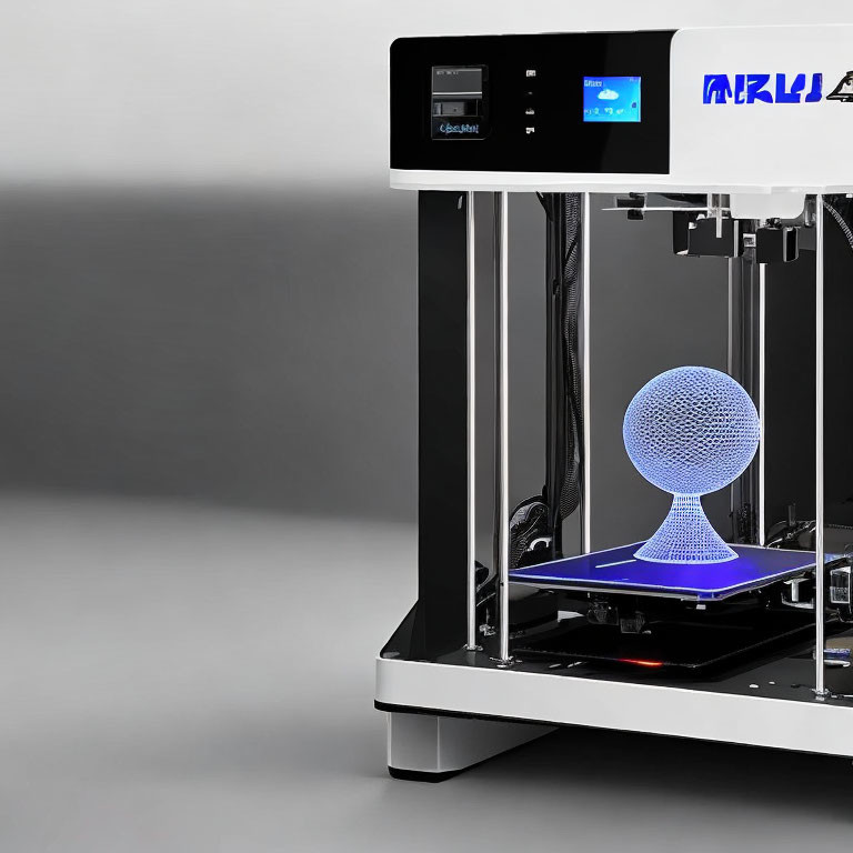 3D Printer Printing Spherical Lattice on Blue Heated Bed