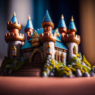 Miniature fairy tale castle with blue rooftops and golden accents in shallow depth of field