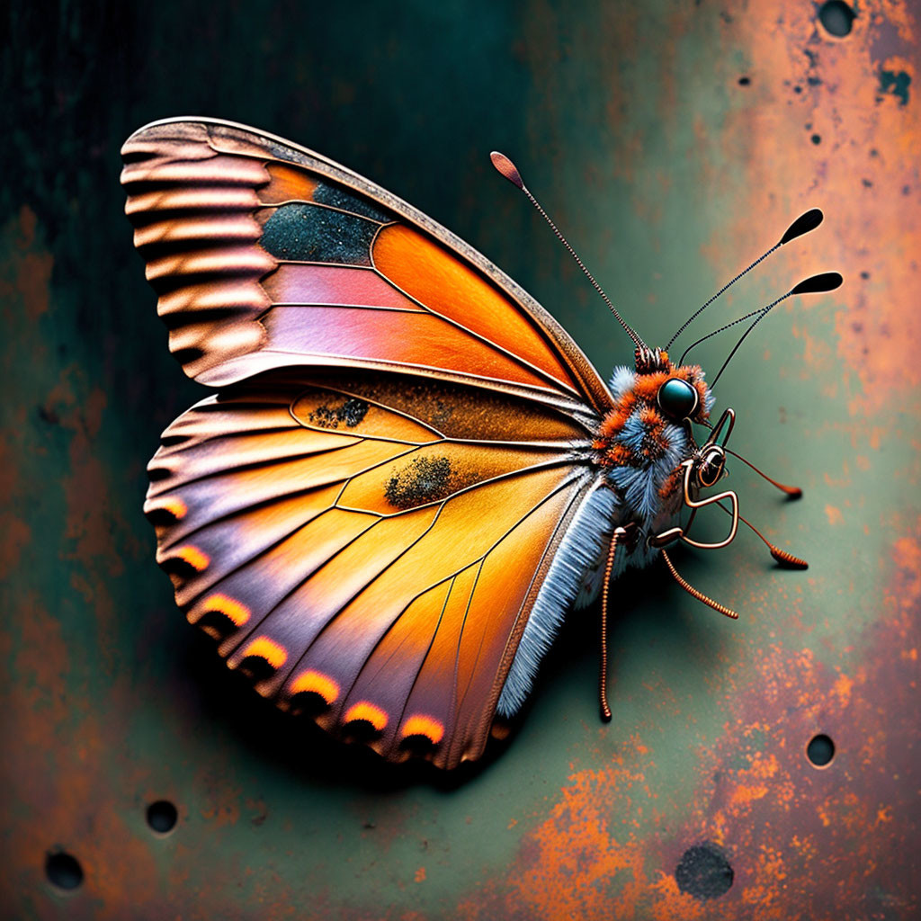 Colorful Butterfly with Orange, Black, and White Patterns on Rust-Colored Surface