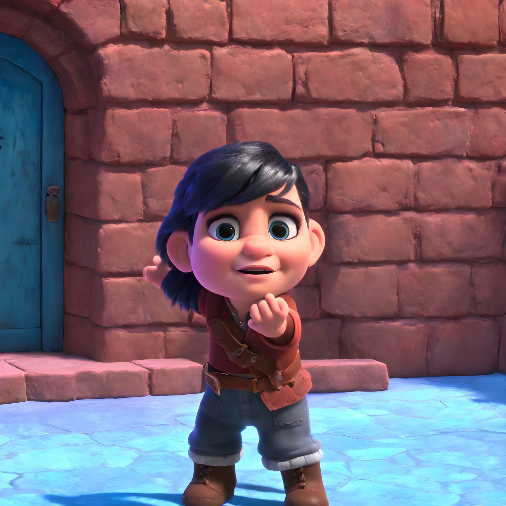 3D animated character with black hair and brown jacket against brick wall