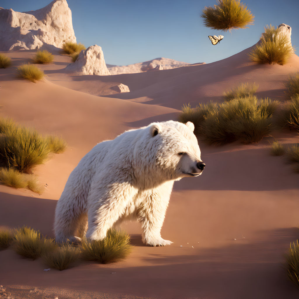 Polar bear in desert with sand dunes and butterfly