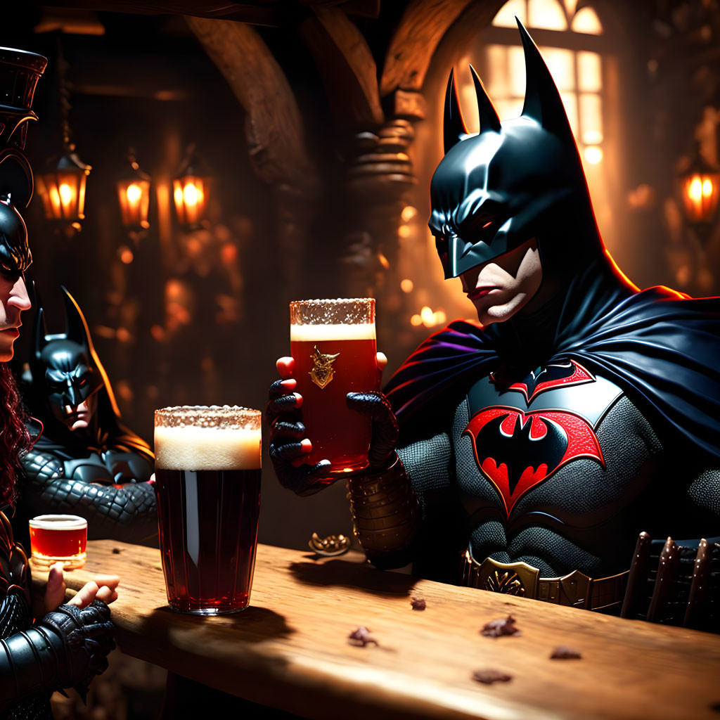Medieval-themed Batman and companion enjoying beers in tavern