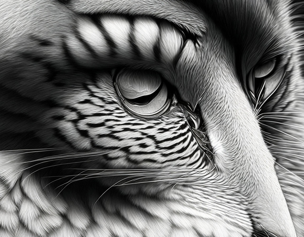 Detailed Greyscale Tiger Face Close-Up with Striped Patterns