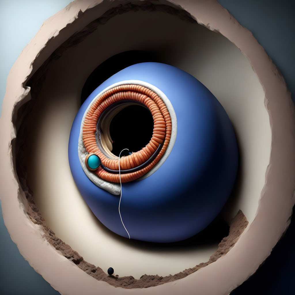 Surrealist digital artwork: eyeball-like sphere with blue iris and fleshy coils