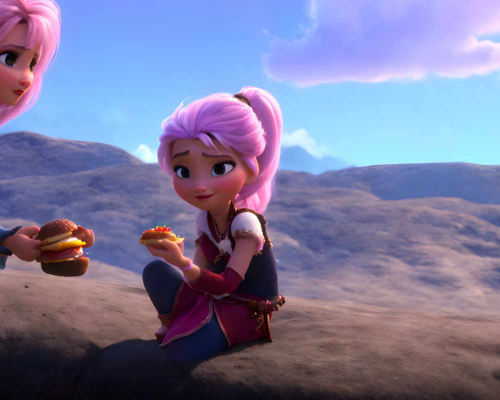 Pink-haired female character with burger, sitting on rock, with another character, under cloudy sky