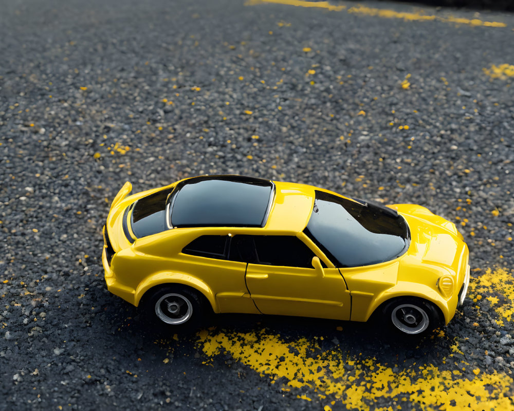 Yellow Toy Car with Black Tinted Windows on Asphalt with Yellow Paint Specks