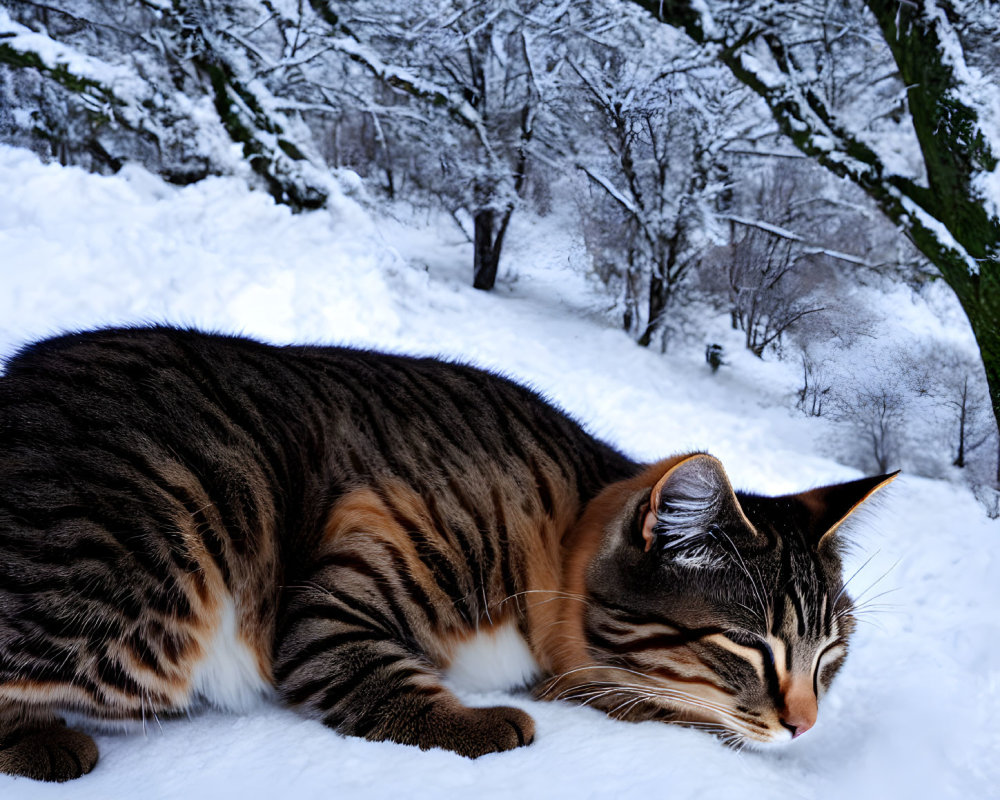 Striped Cat Relaxing on Snowy Ground with Bare Trees in Background
